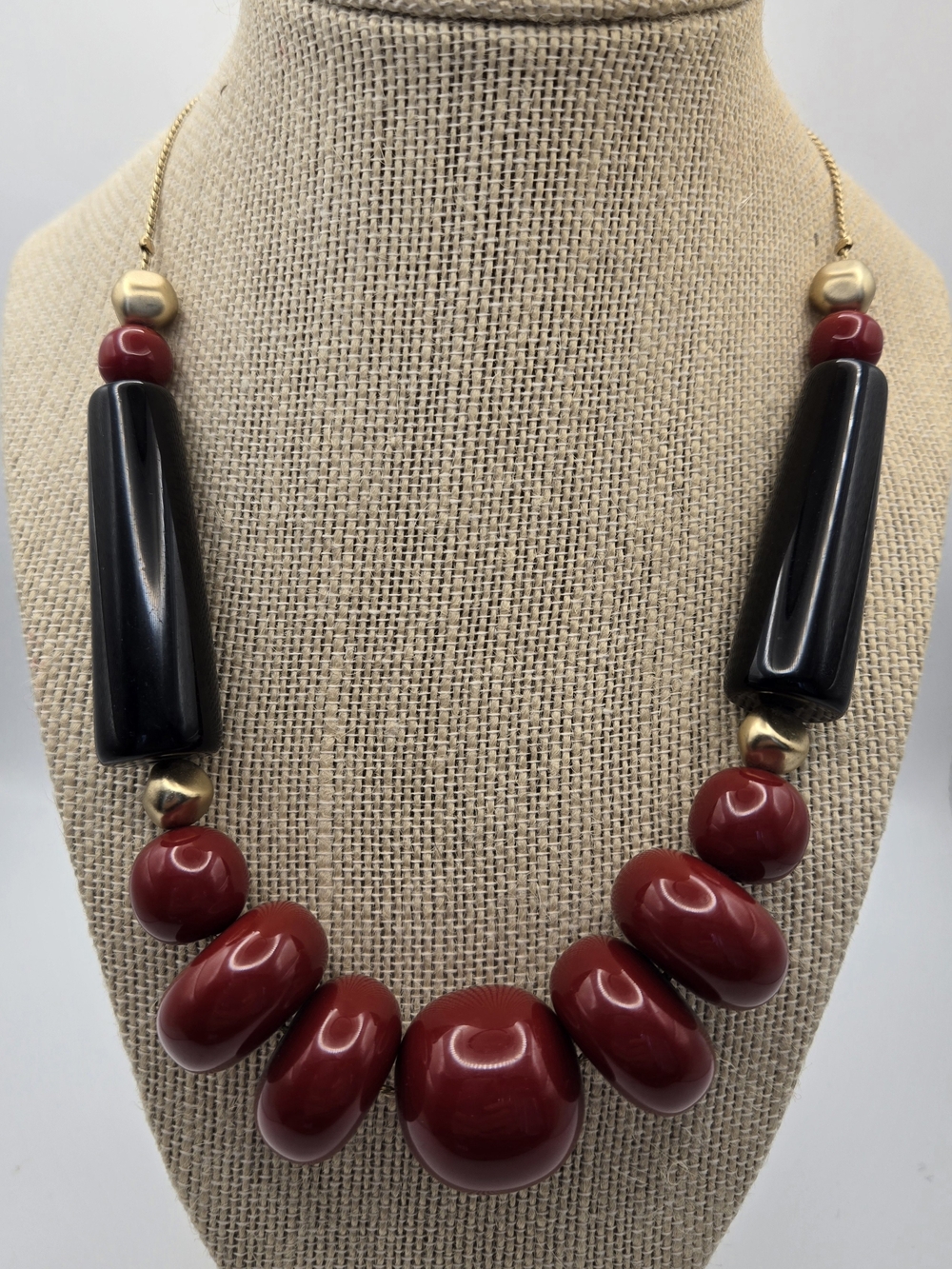 Chico's Bold Red and Black Bead Necklace Chunky Geometric Scuptural Statement